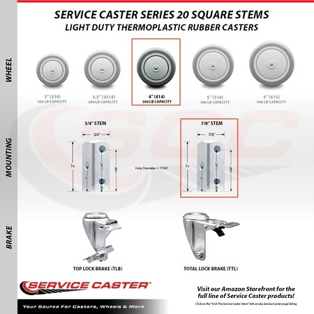 Service Caster 4 Inch Thermoplastic Rubber Wheel Swivel 7/8 Inch Square Stem Caster SCC SCC-SQ20S414-TPRB-78